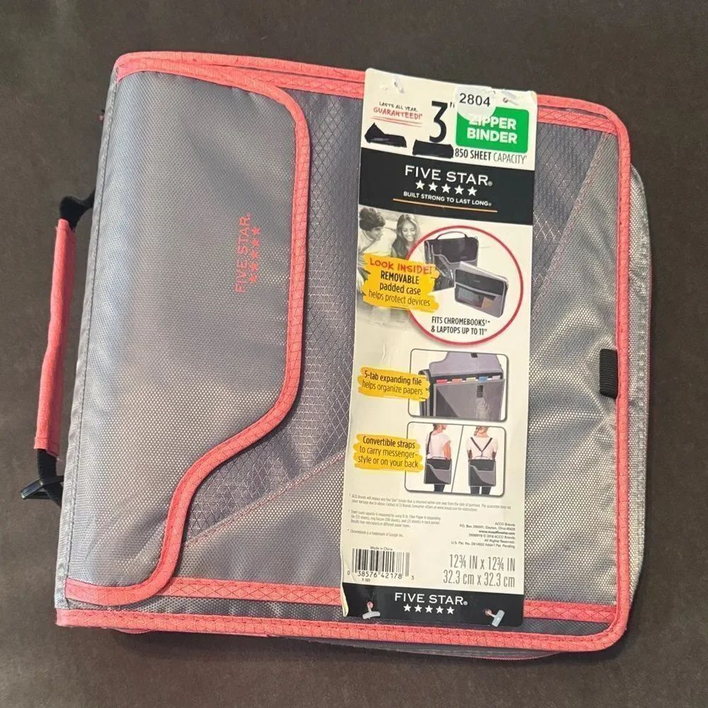 Mead Five Star Pink & Gray 3” 3-Ring Zipper Binder 850 Sheet Capacity NEW